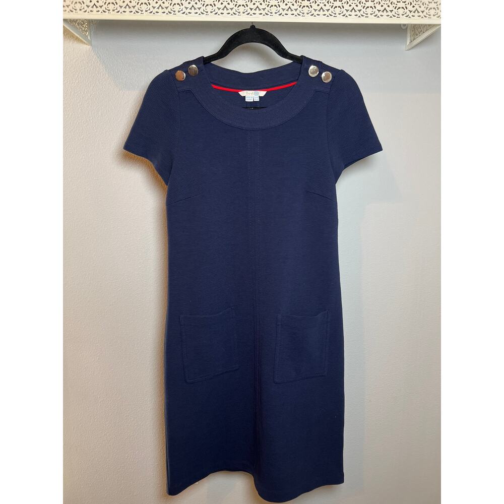 Boden Navy Blue Short Sleeve Sheath Dress with Gold Button Detail 4R